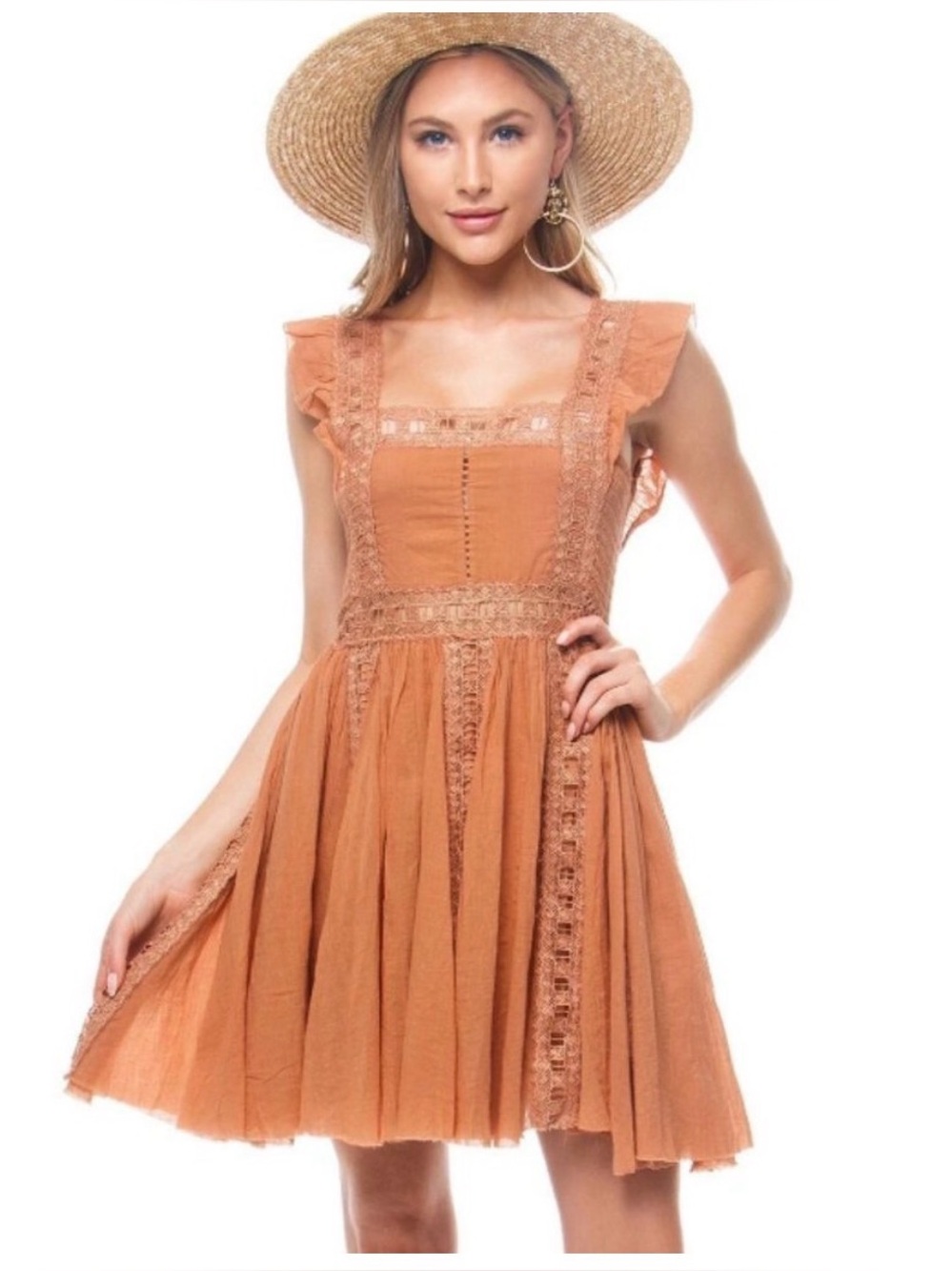 Free People Terracotta Crochet Lace Boho Mini Dress